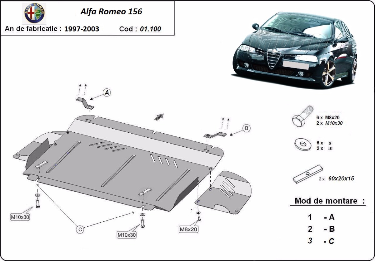 Steel skid plate for Alfa Romeo 156